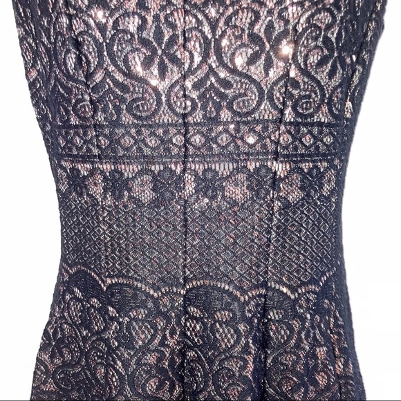 Chetta B Black Lace Rose Gold Sequin Sleeveless V neck Dress 8 - Picture 4 of 8